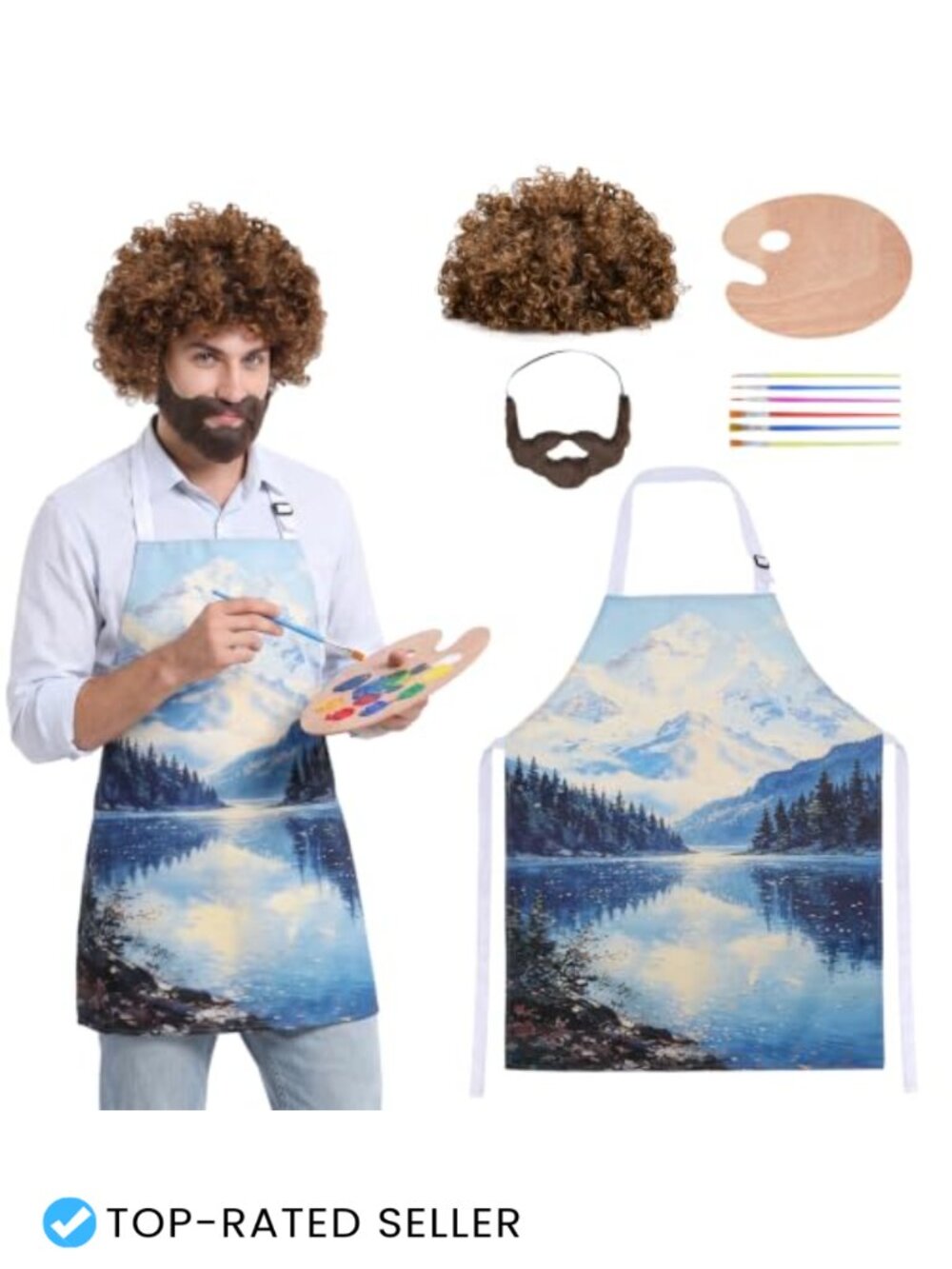 10 Pc 80s Painter Costume Set Afro Wig Beard Apron Palette Brushes Halloween